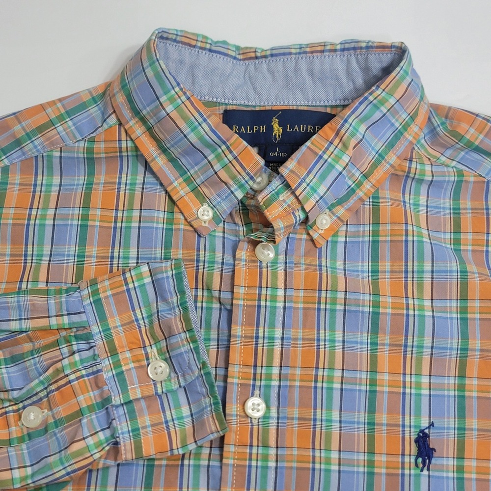 Polo‎ Ralph Lauren Boys Plaid Button Down Shirt Orange Green Blue L 14-16